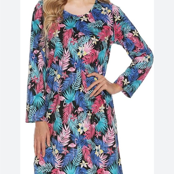 Pink Flamingo Blue Colorful Tropical Print Dress cotton long sleeve XL - Picture 1 of 5